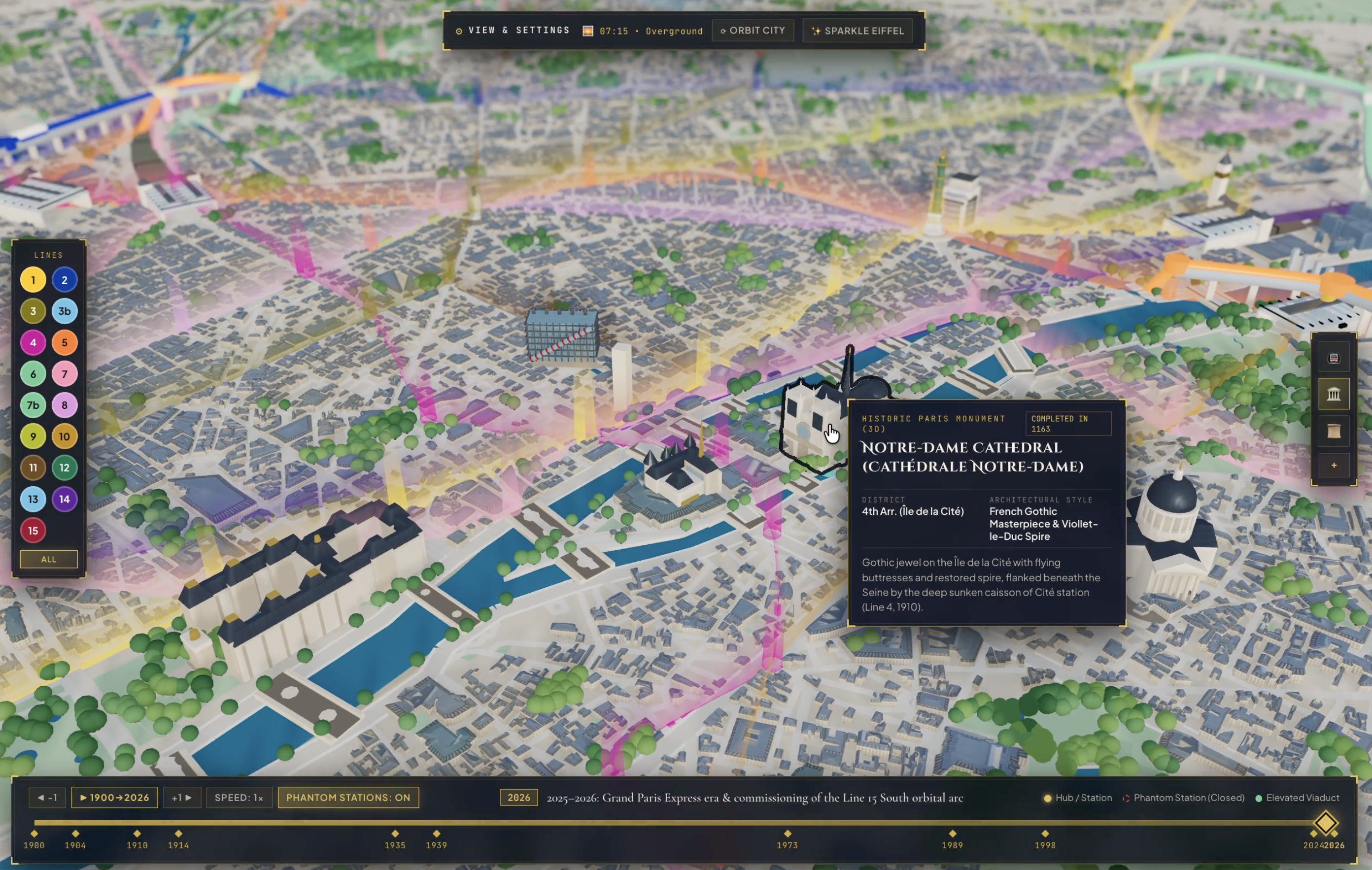 Daytime 3D view over Île de la Cité with Notre-Dame highlighted by a 4px black screen-space outline and its Art Deco historical dossier card