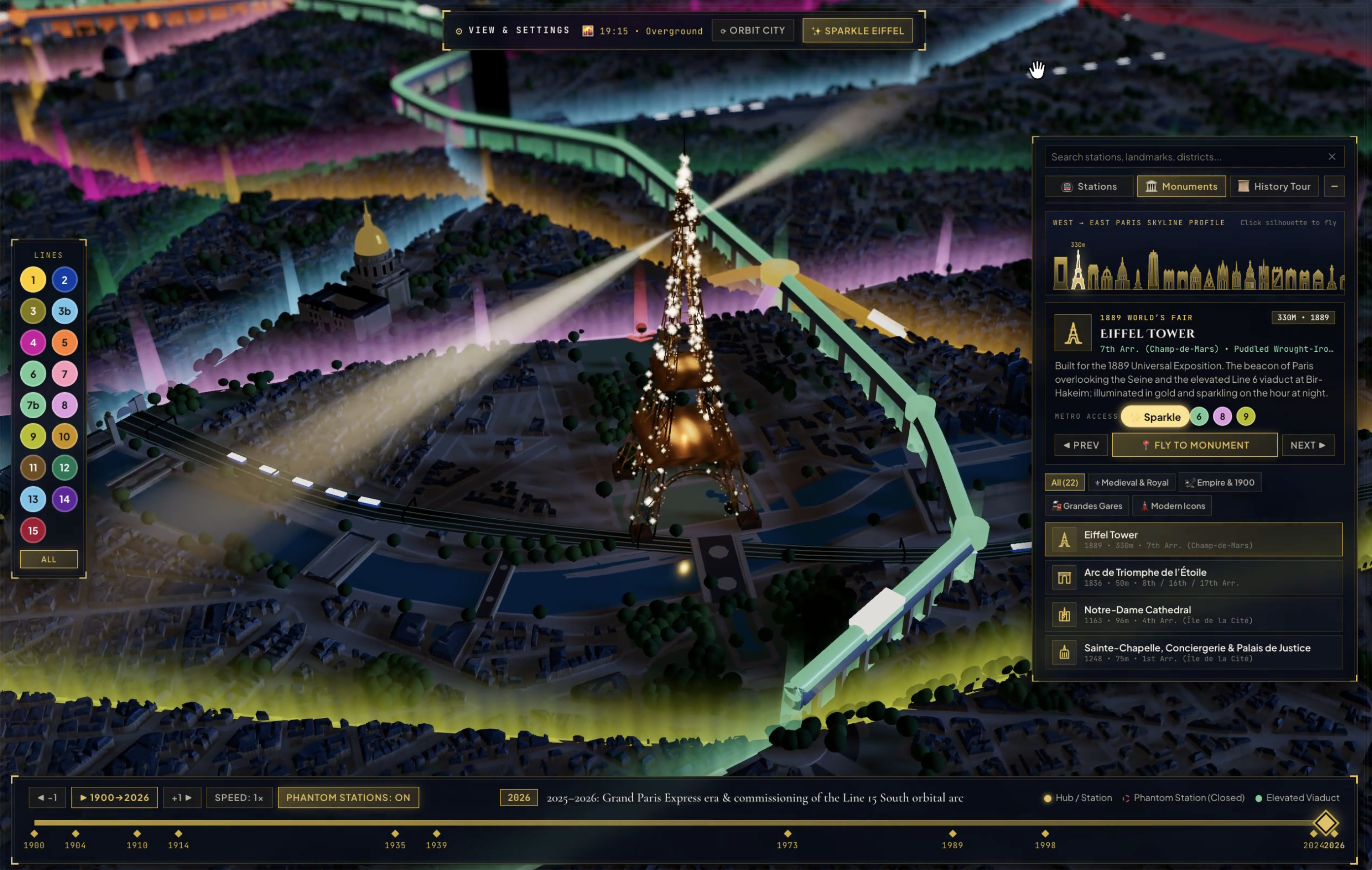 Nighttime 3D view of the Eiffel Tower illuminated with 1,500 diamond xenon strobes, counter-rotating volumetric searchlights, and the 2D SVG Paris Skyline Explorer