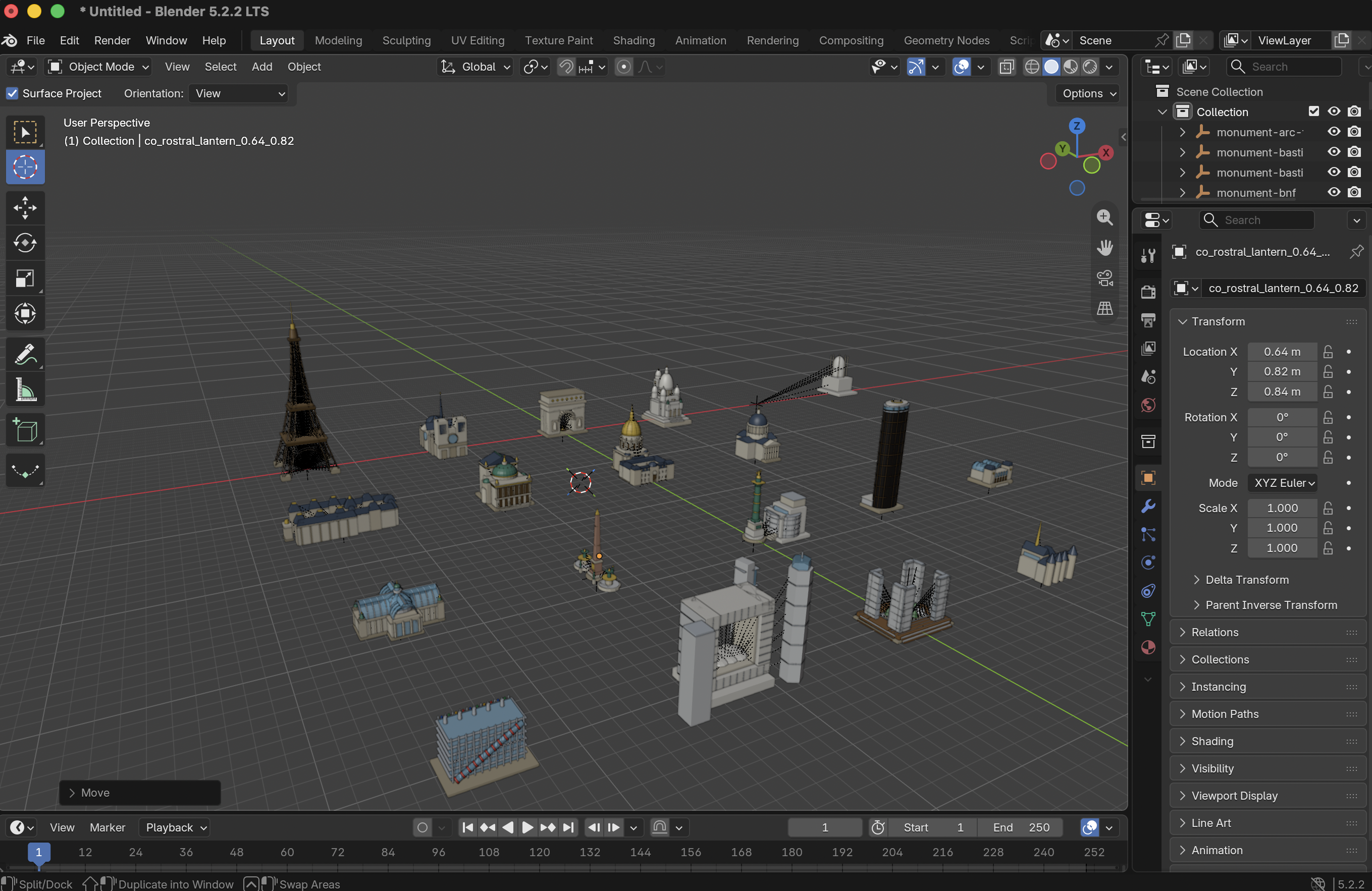 The Paris monument collection sculpted in Blender 5.2 via the Blender MCP server